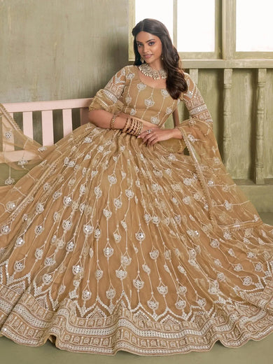 Beautiful Beige Thread Embroidered Net Lehenga Choli With Dupatta - Ethnic Plus In